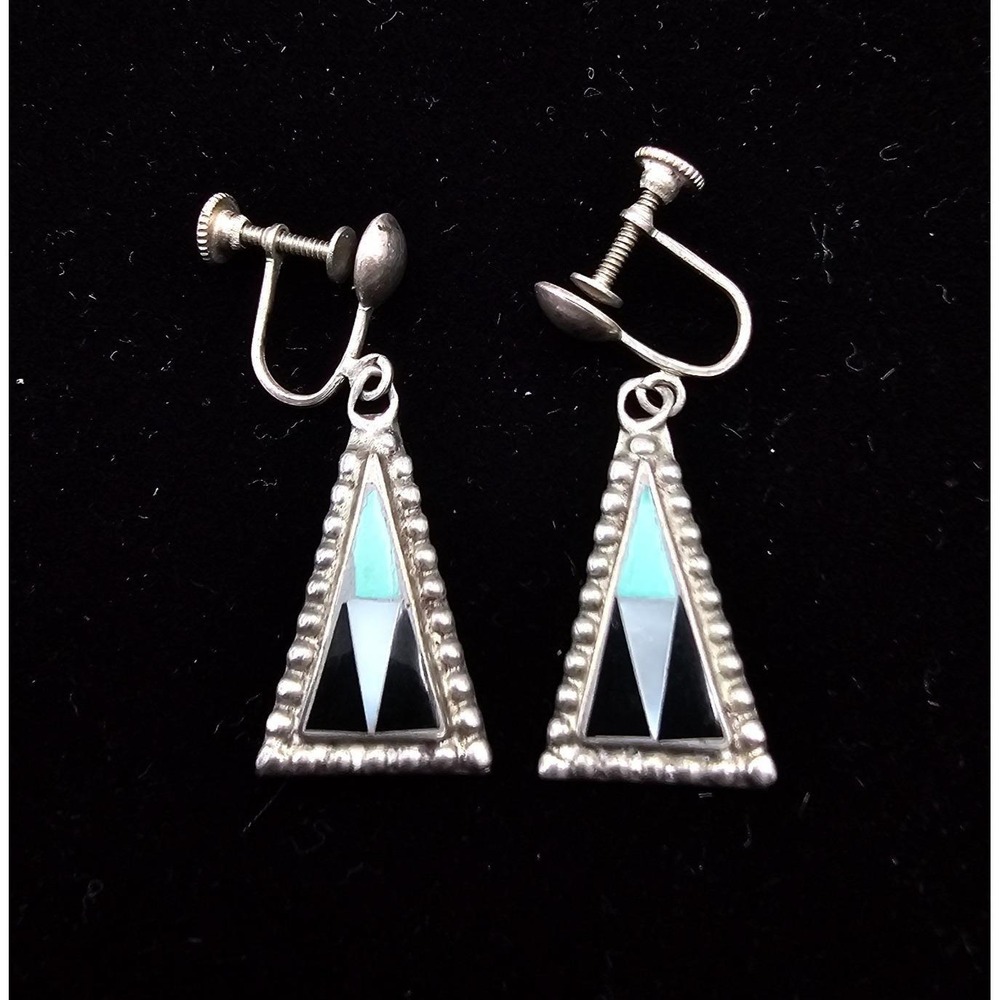 Vintage Zuni Native American Sterling Silver Inlay Turquoise Screw Back Earrings